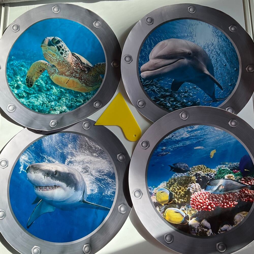Ocean Animals World Under Sea Decor Includ Dolphins Sharks Removable 3D, 4 piece